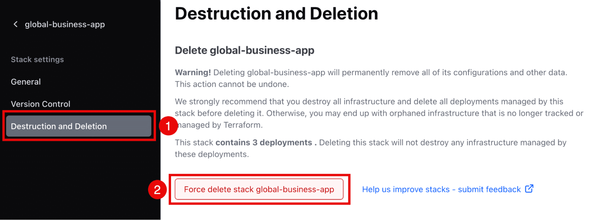 15 Force delete stack -stack name-