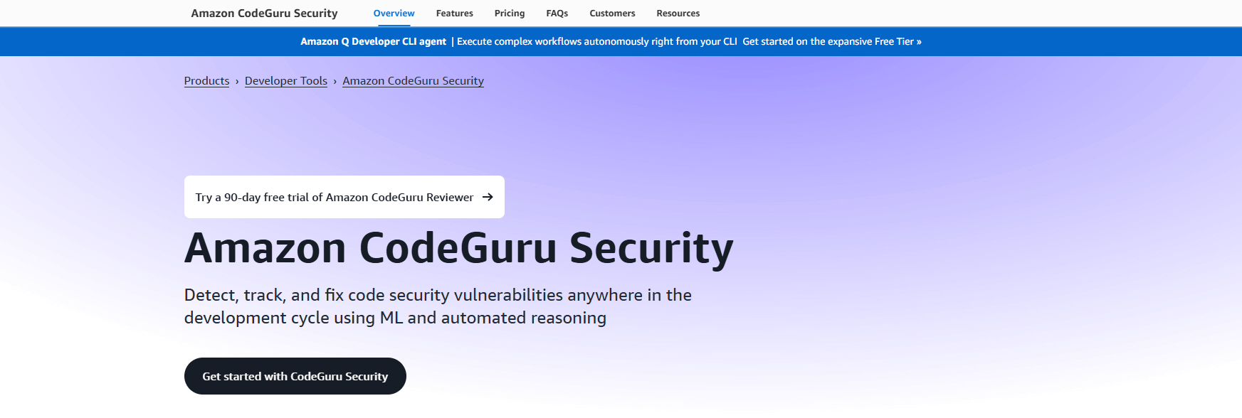 screenshot showing amazon code guru page on the amazon website