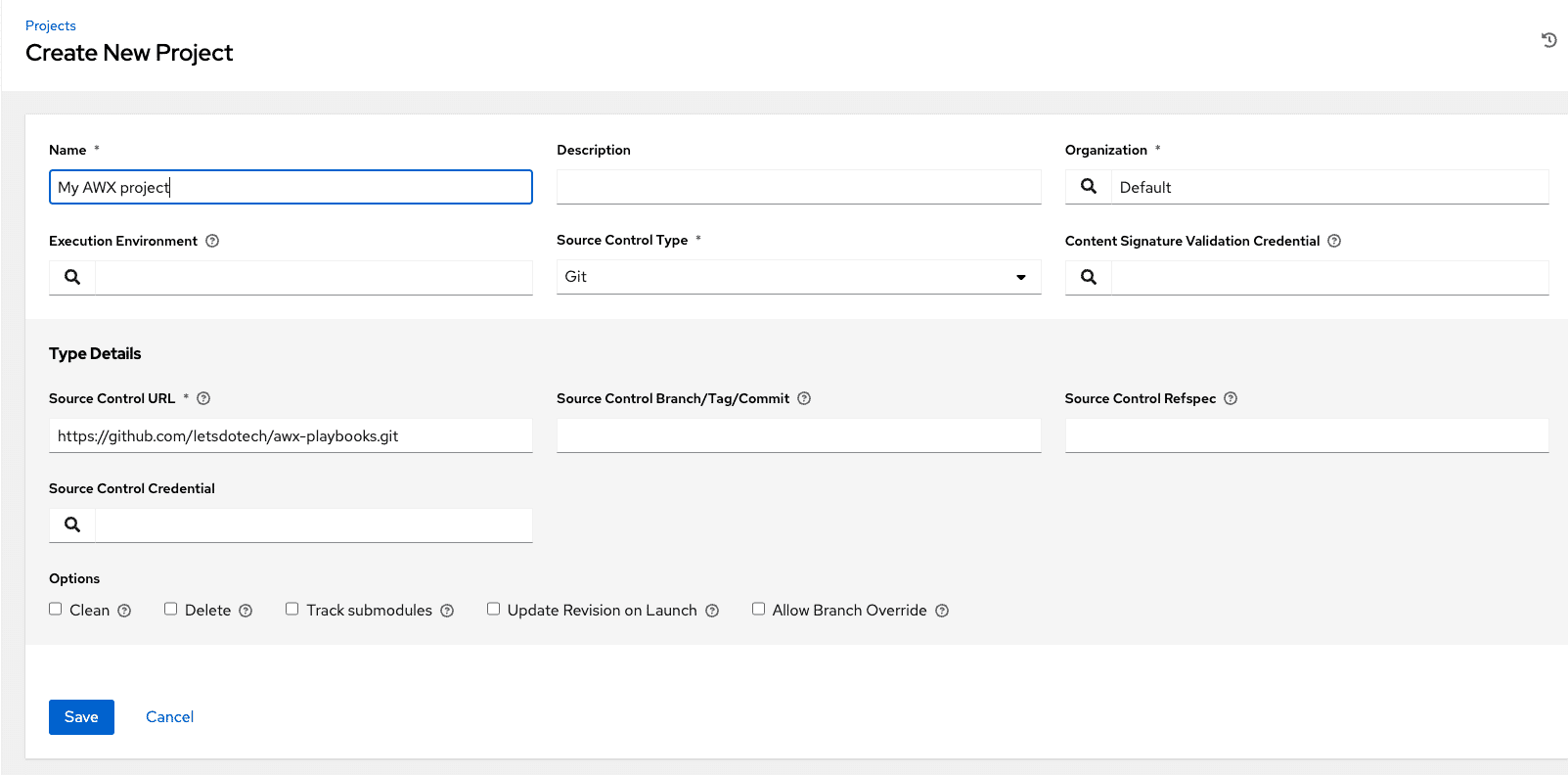 ansible awx create new project details
