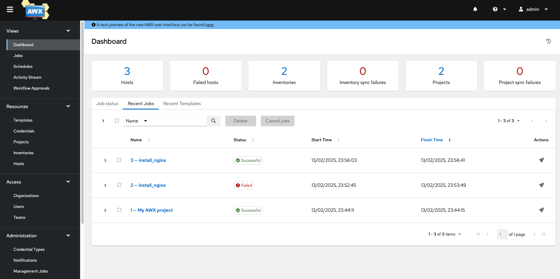 ansible awx dashboard result