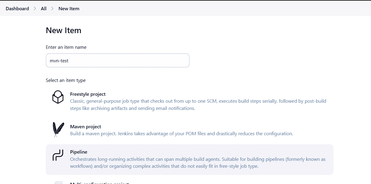 jenkins pipeline dashboard new item