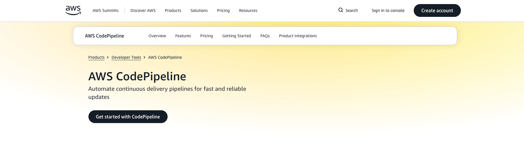 screenshot showing aws codepipeline page on the aws website