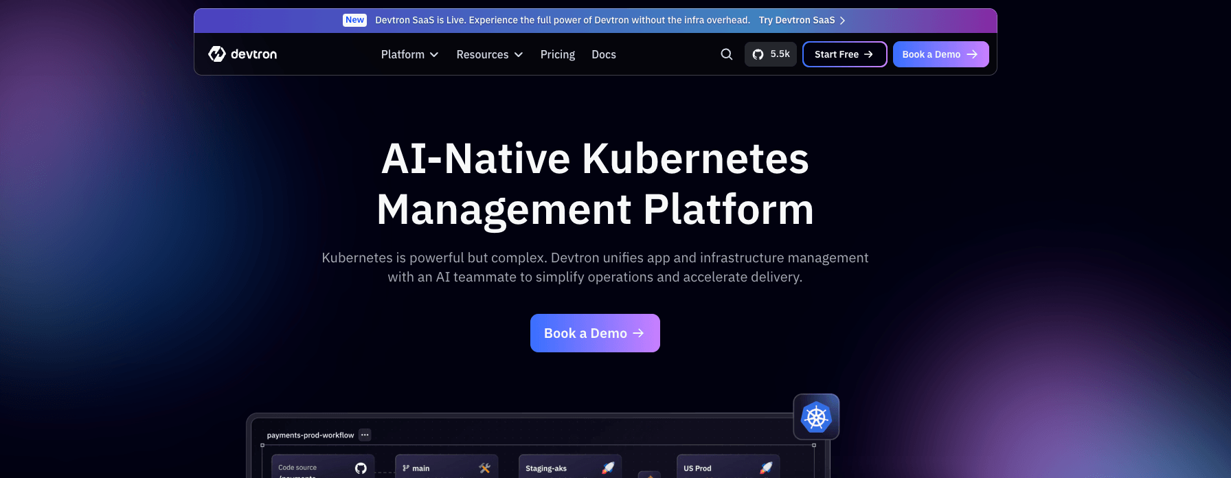 screenshot showing devtron homepage