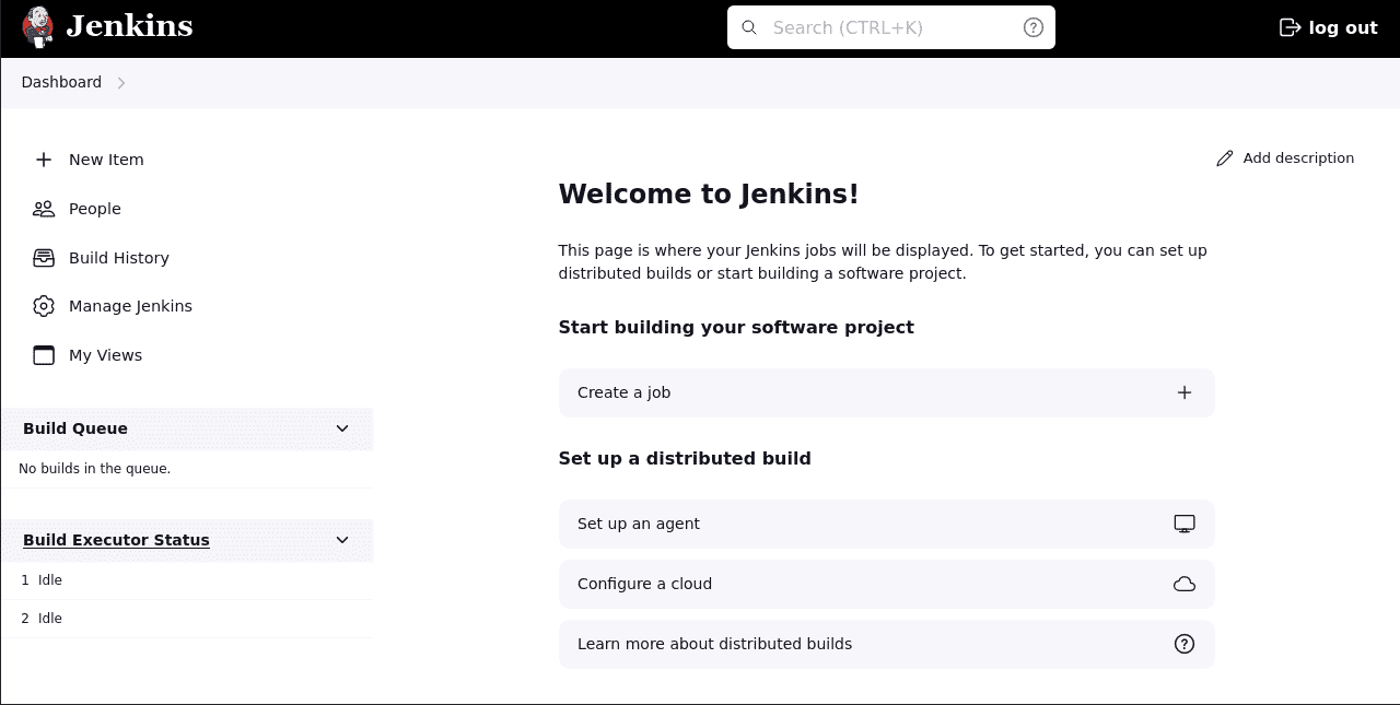 screenshot showing jenkins ui dashboard with the welcome screen
