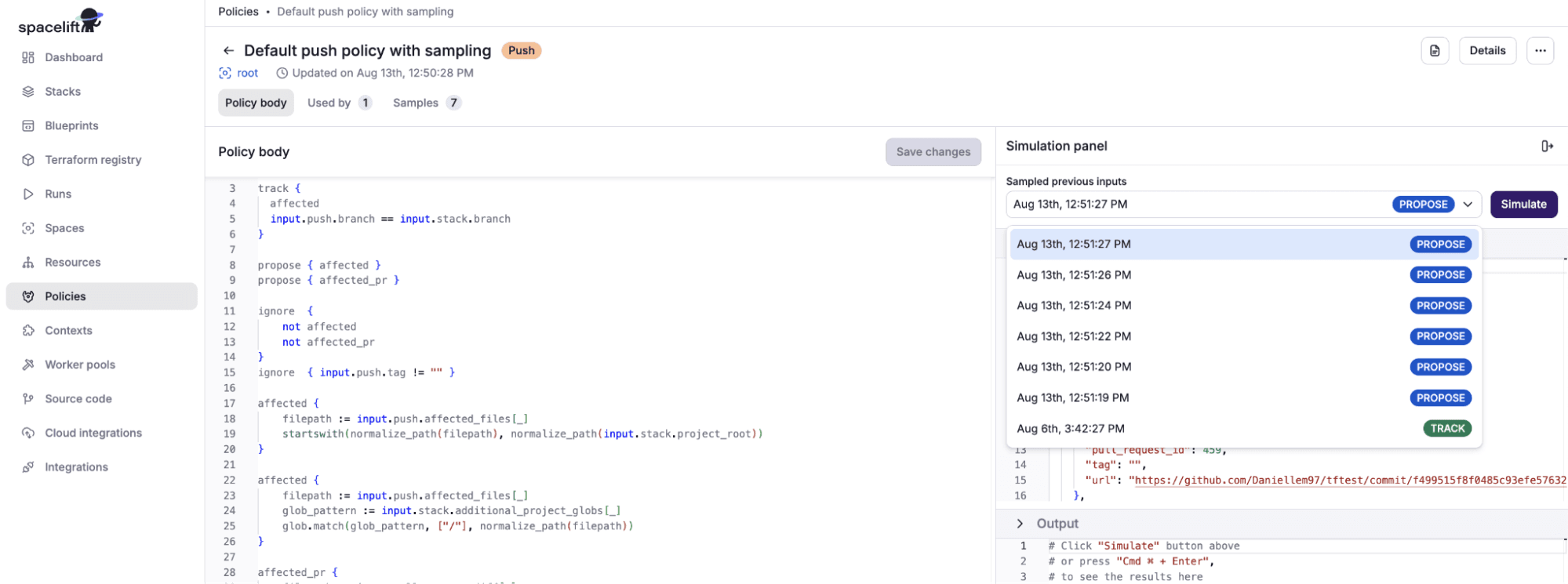 screenshot showing spacelift ui with policies view open and an example of default push policy