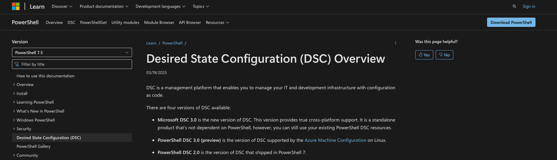 powershell documentation page showing desired state configuration overview