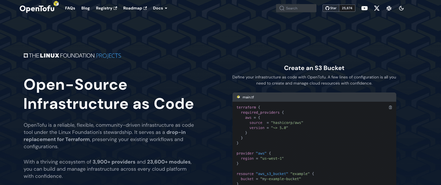 screenshot from opentofu homepage with code example that shows how to create an s3 bucket