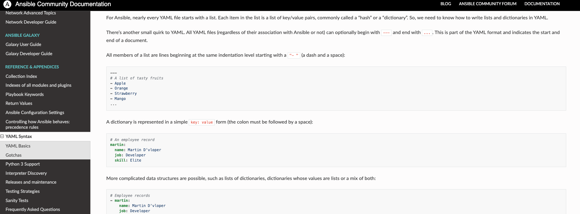 Ansible documentation page showing an example YAML playbook