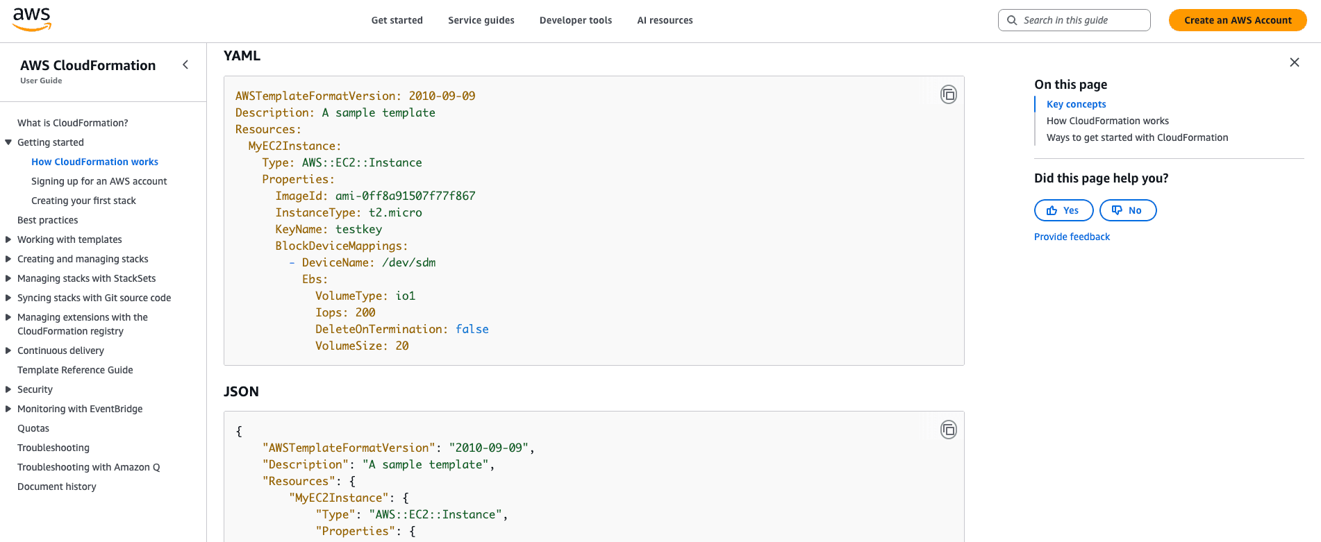 aws cloudformation documentation page showing a yaml template code example