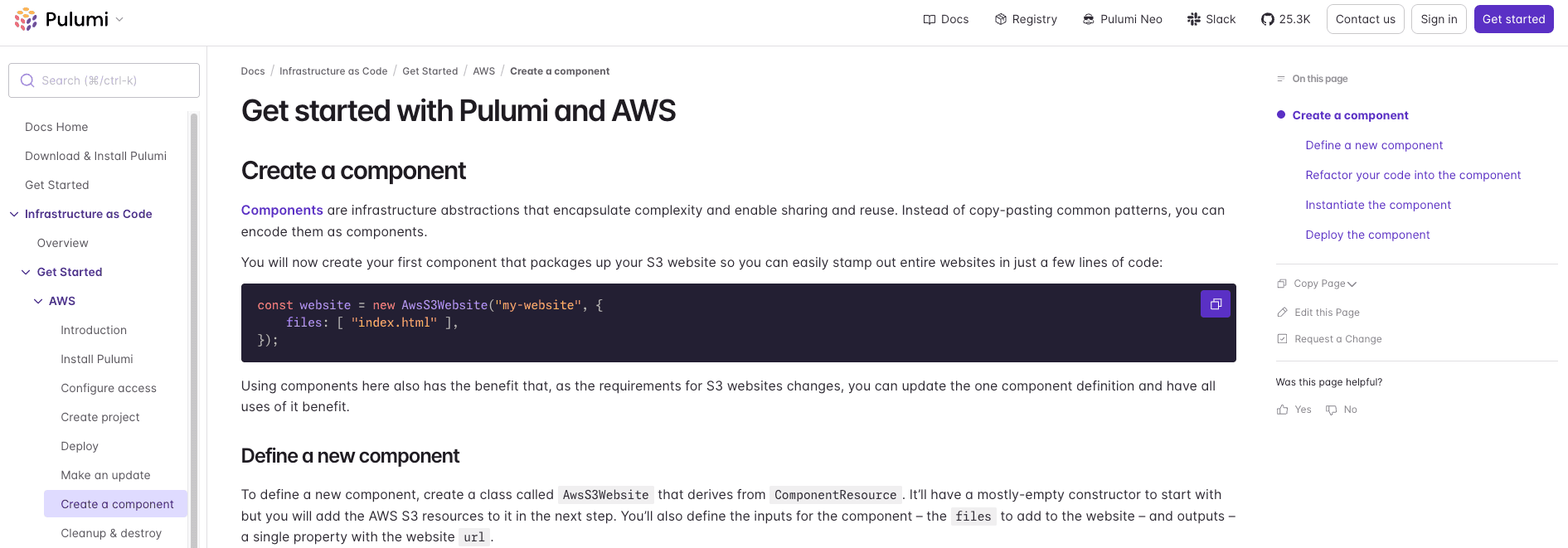 pulumi documentation page showing how to use pulumi and aws