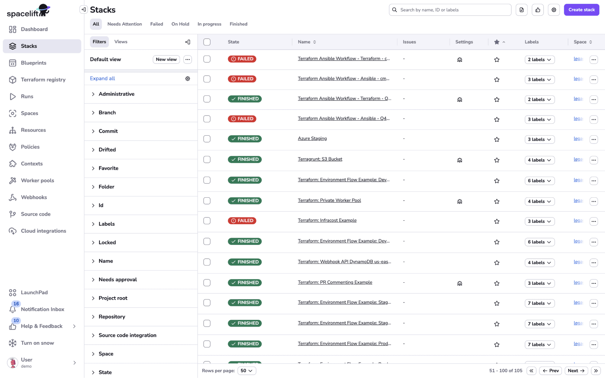 Spacelift platform dashboard showing infrastructure stacks and run status