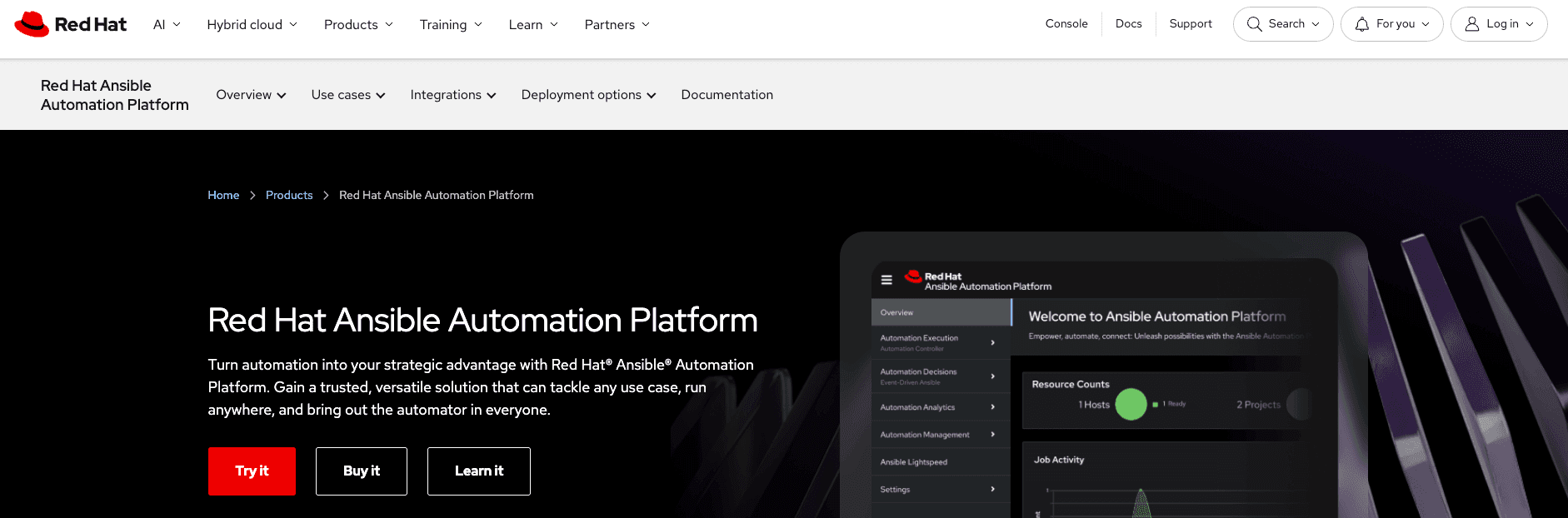 screenshot showing the red hat automation platform page