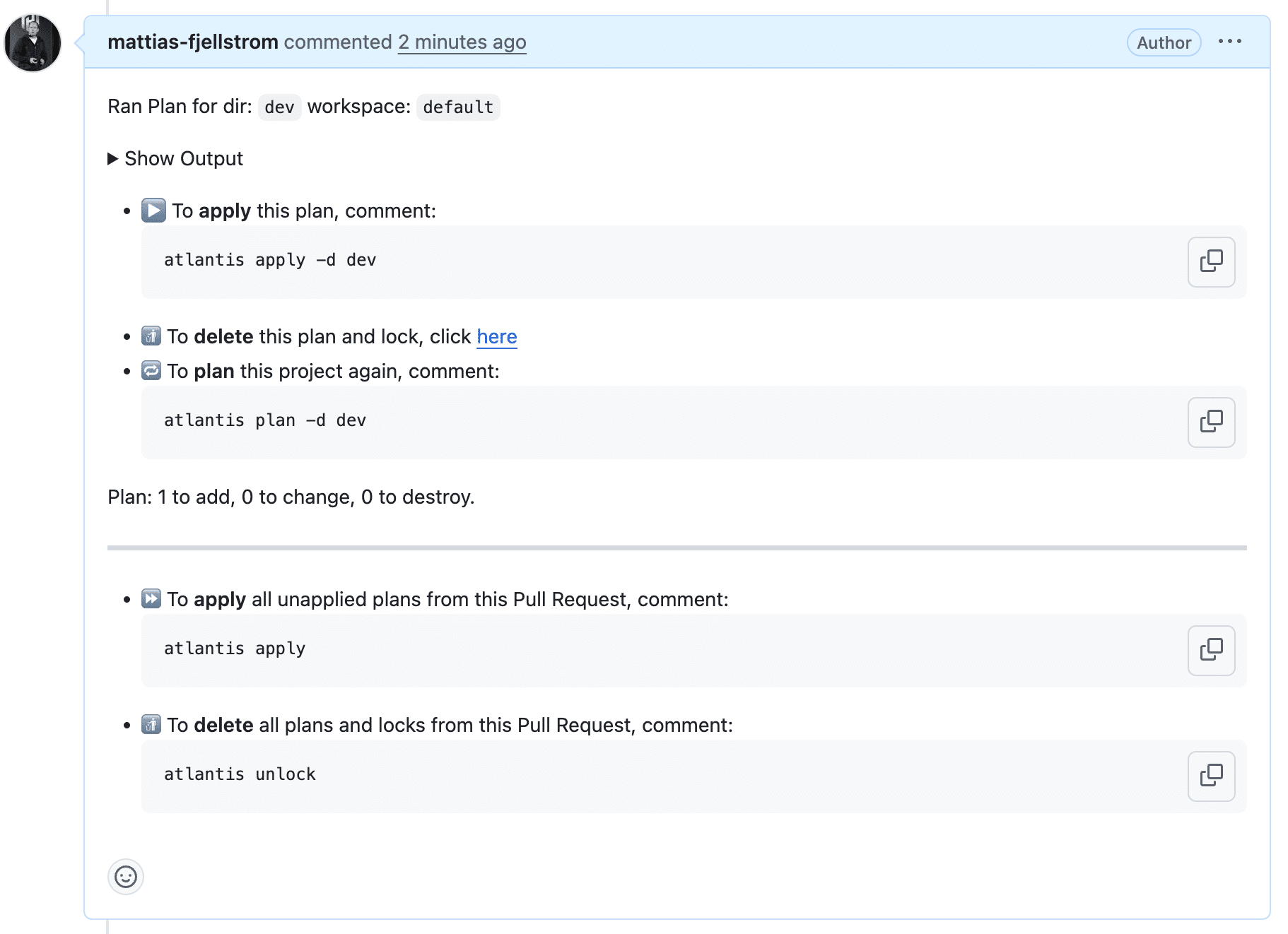 comment to the pull request terragrunt with atlantis