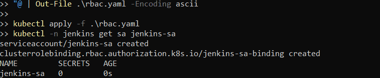 Create ServiceAccount and RBAC in the Jenkins namespace