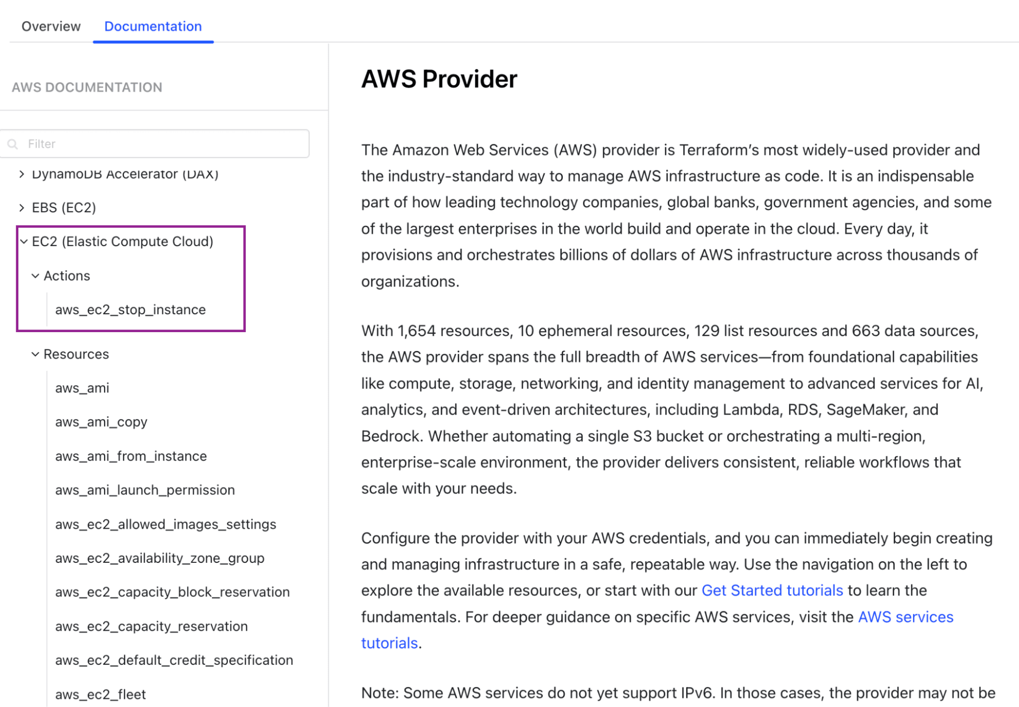 screenshot from the aws documentation showing where to find the information on EC2 instances