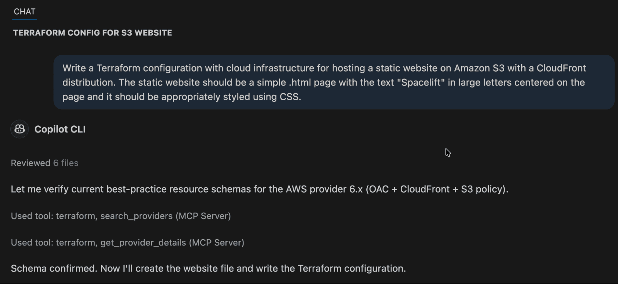 screenshot showing how to ask agent to create the infrastructure for the static website
