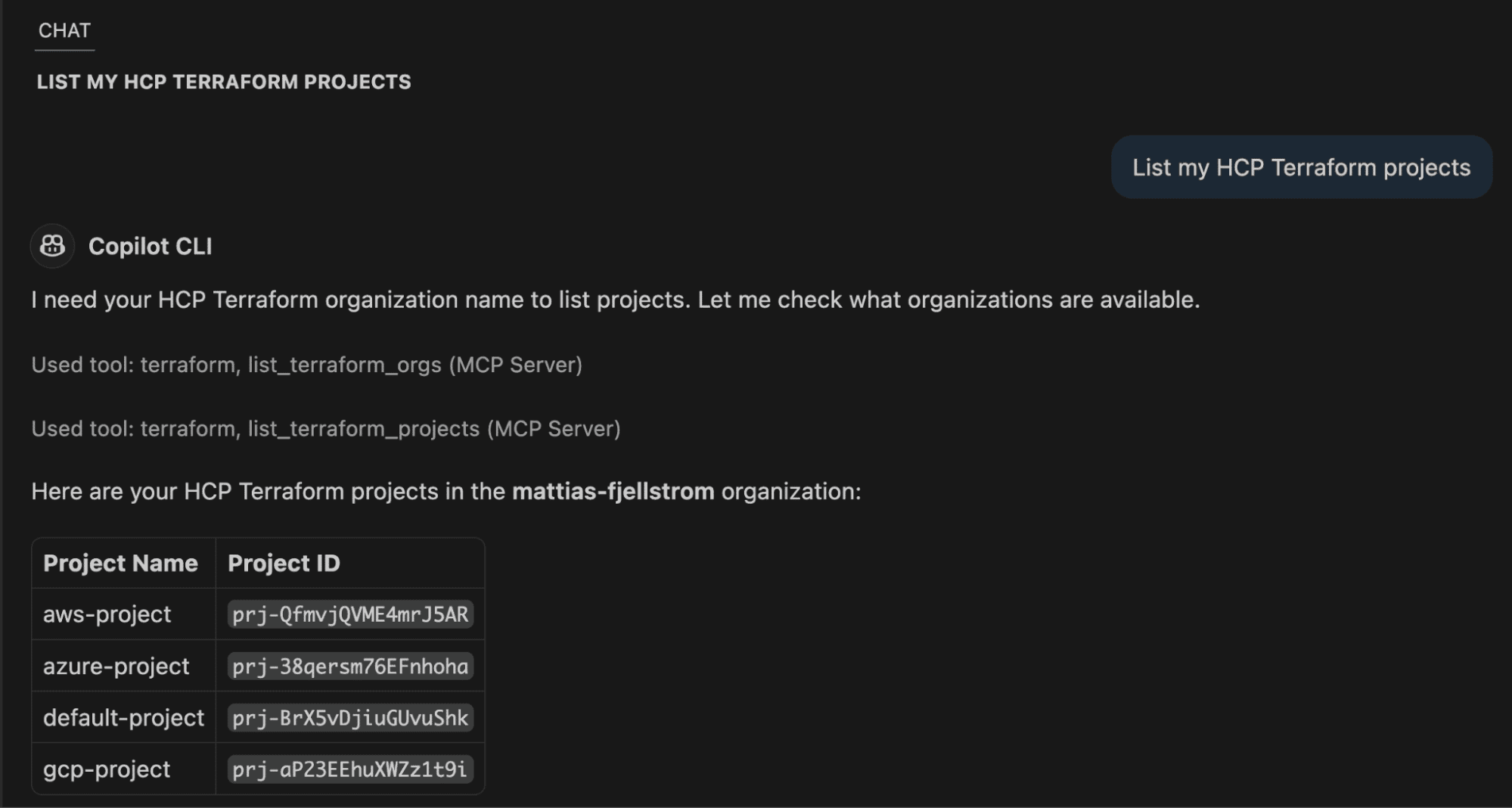 screenshot showing how to ask chat to list the hcp projects