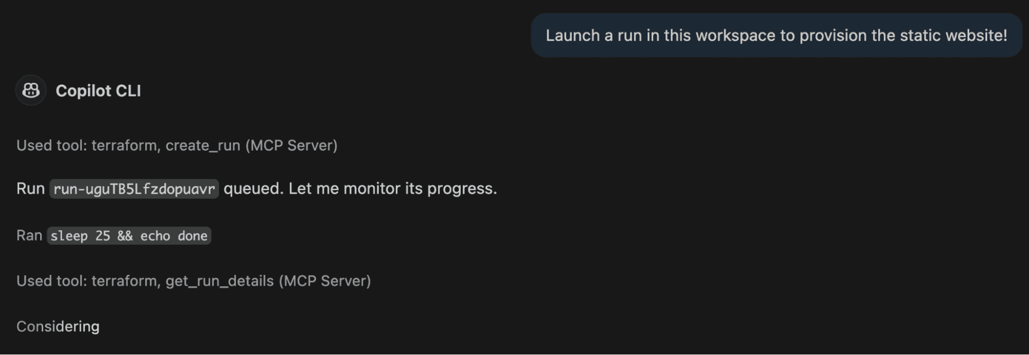 screenshot showing how to ask chat to provision the infrastructure