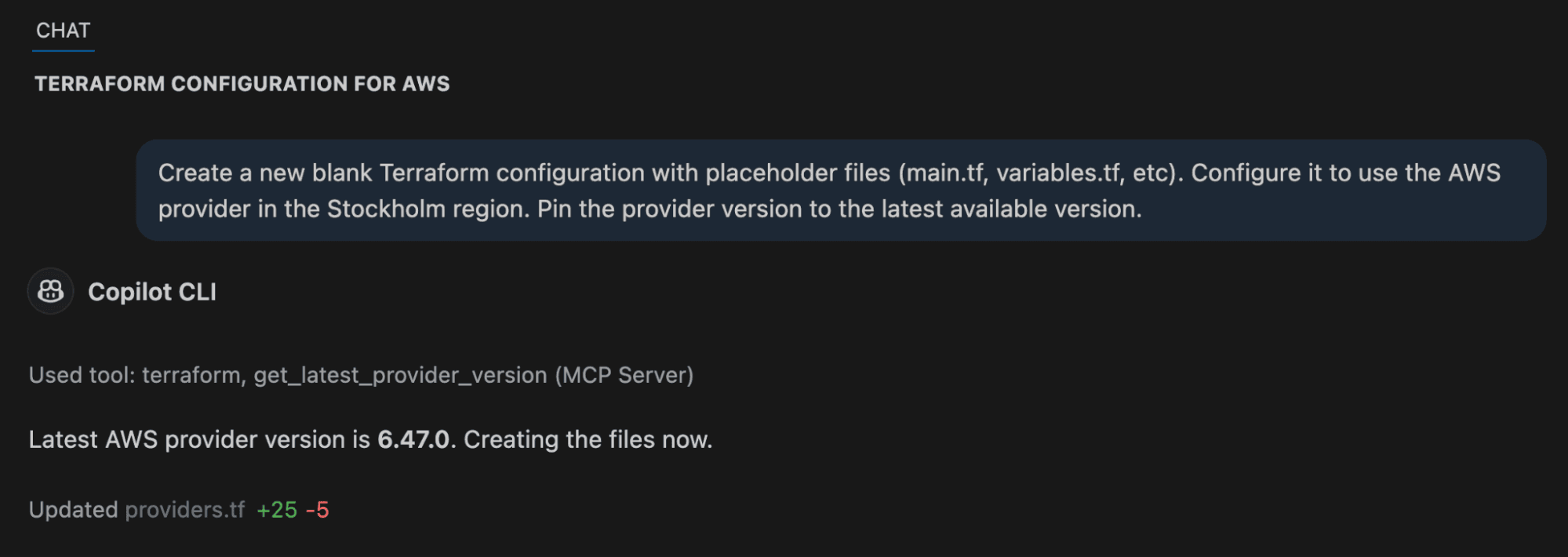 screenshot showing where to ask chat to create a blank terraform configuration using the latest aws provider version