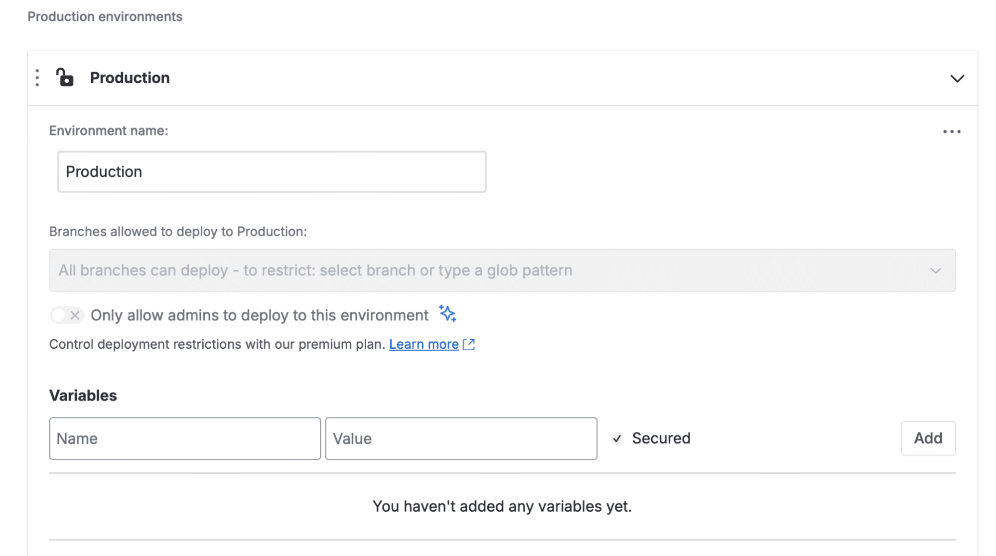 bitbucket repository settings where you configure variables and other settings for a given deployment environment