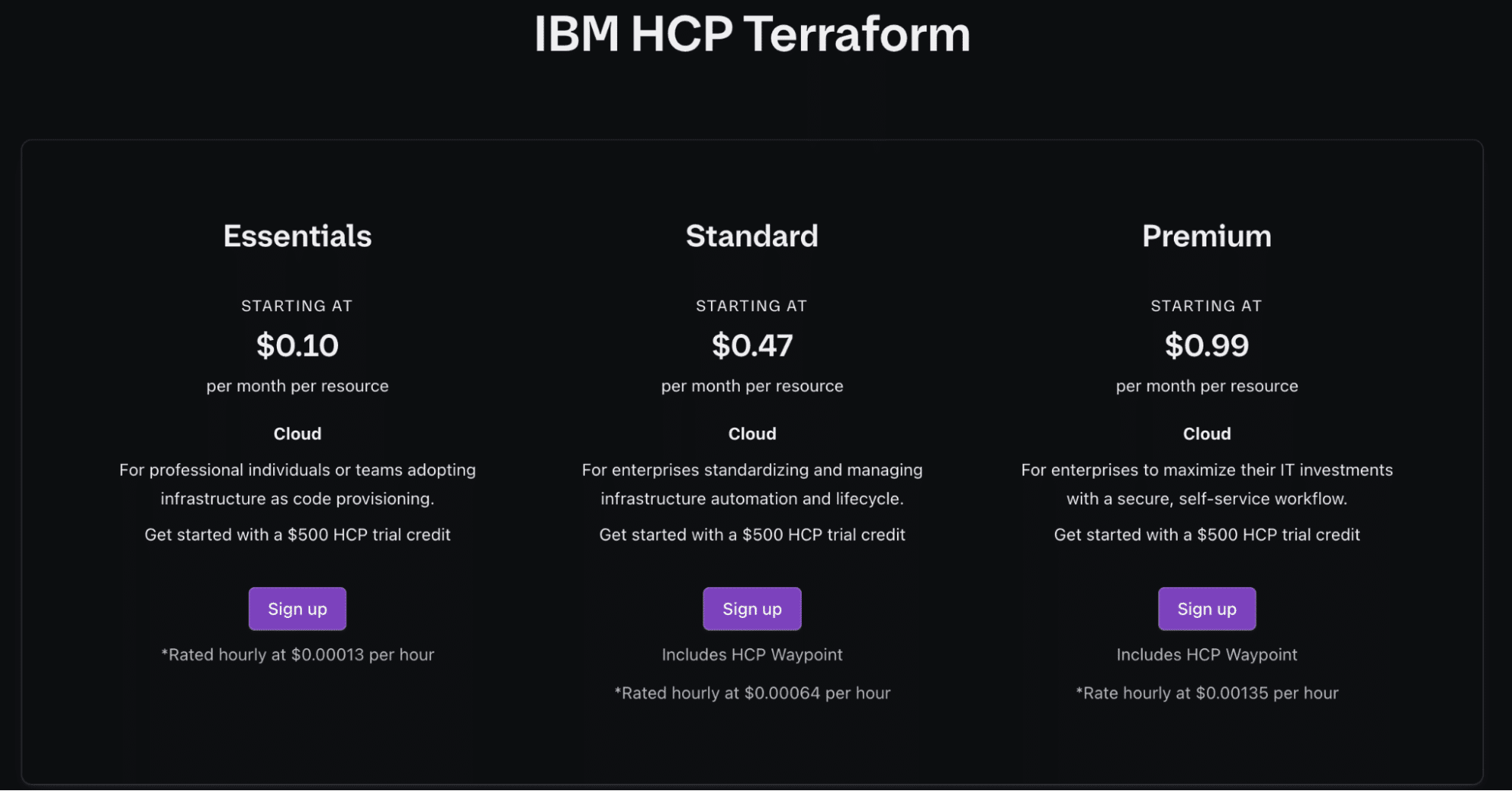 screenshot showing ibm hcp terraform pricing tiers
