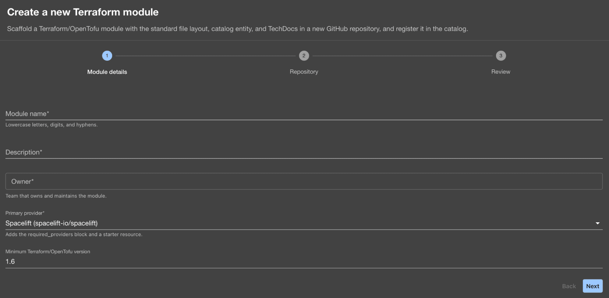 screenshot showing Backstage software templates for self-service infrastructure terraform module