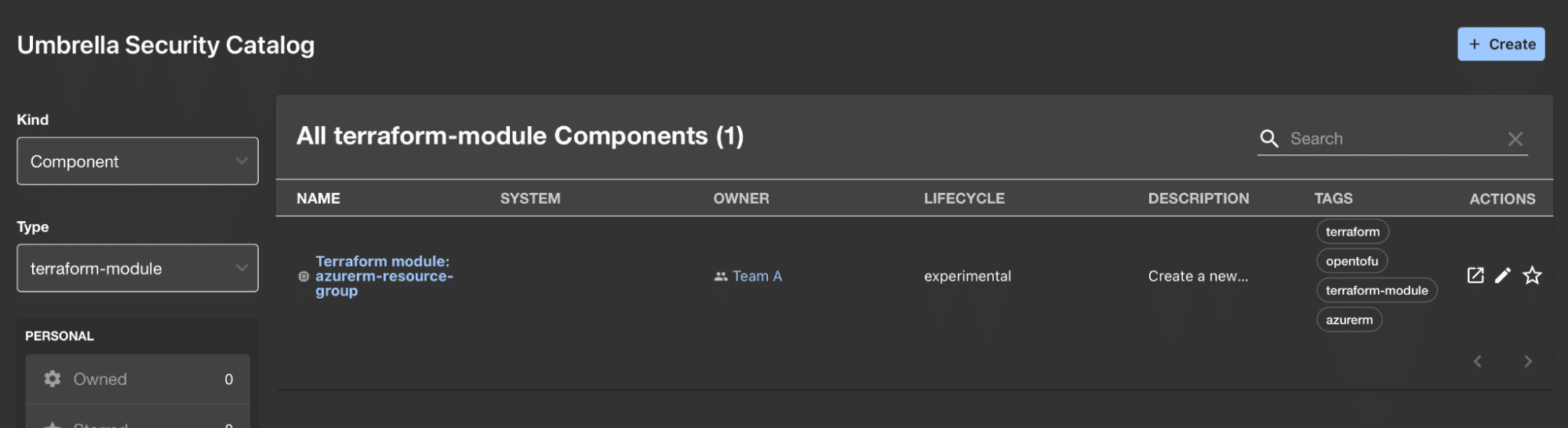screenshot showing a new Terraform module appearing in the backstage catalog