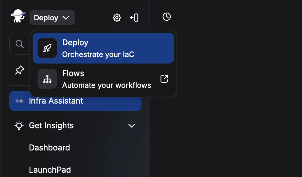 screenshot showing the app switcher in the top left corner of the Spacelift Deploy platform