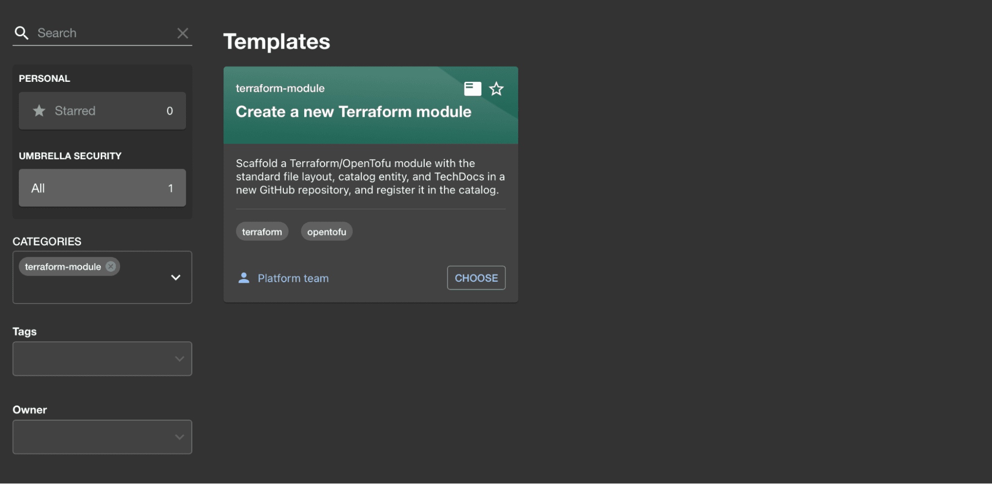 screenshot form the Backstage UI showing an example of the terraform module template