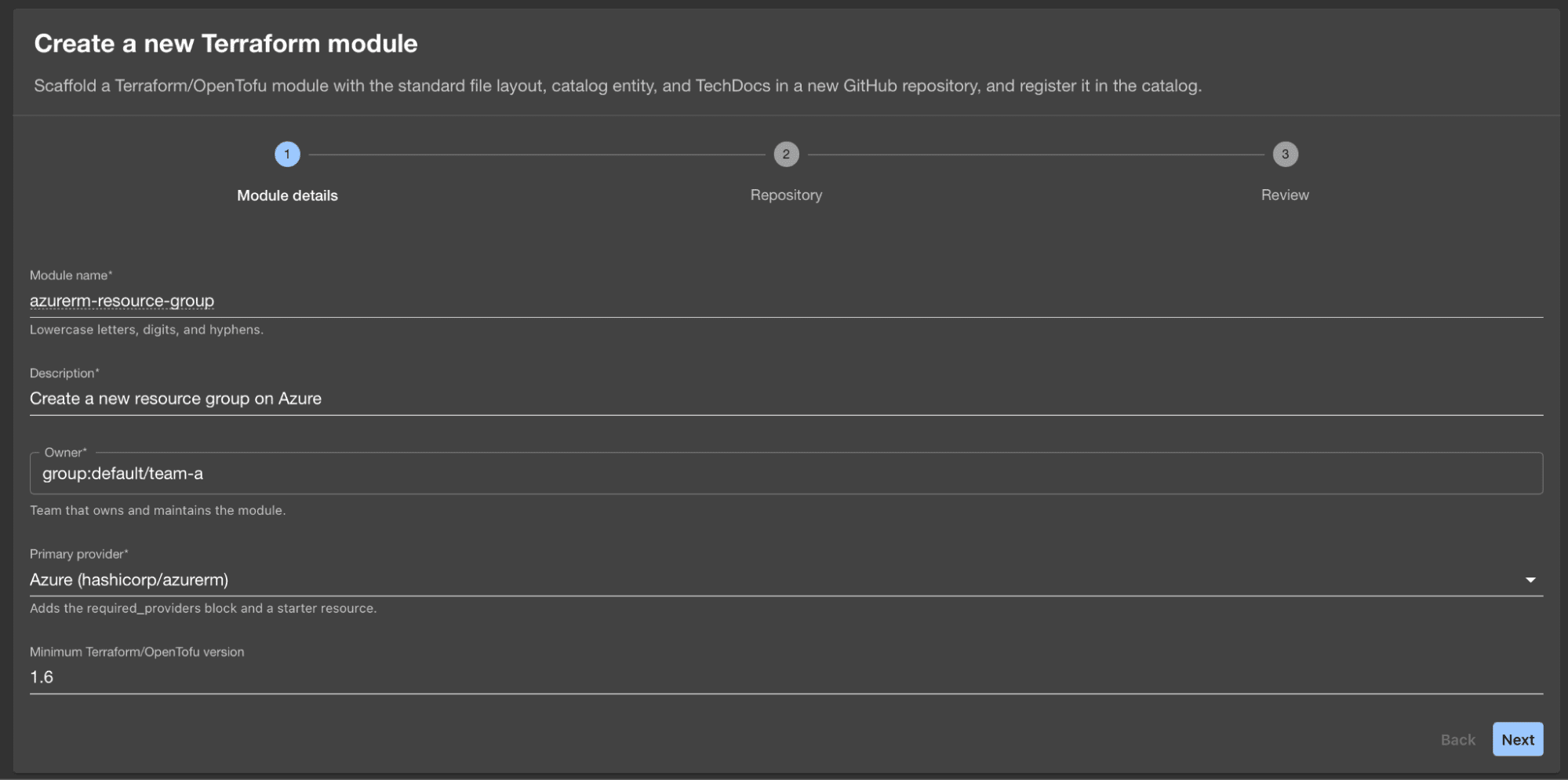 screenshot showing the first step to create a new terraform module from a backstage template