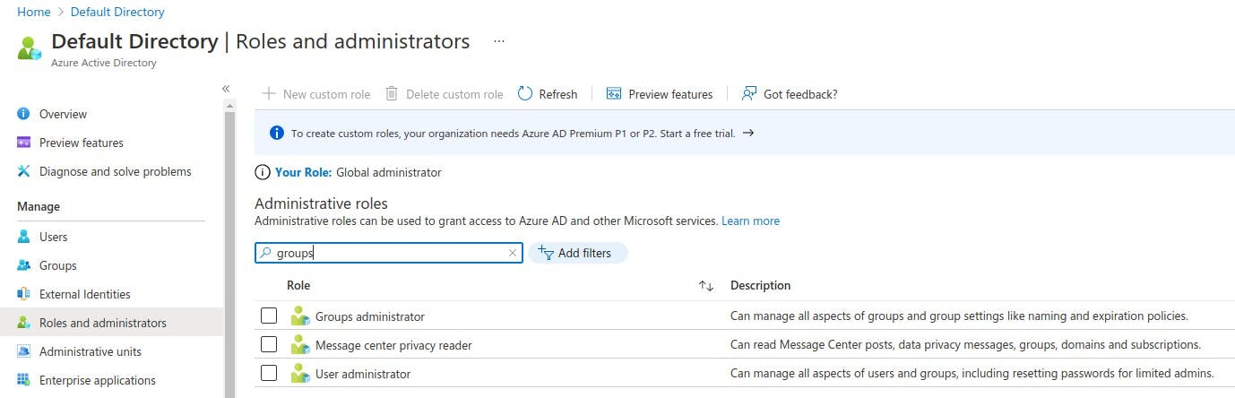Roles and administrators section of Azure AD