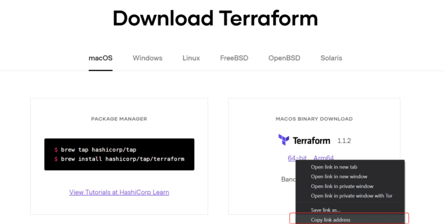 copy the Mac OS terraform zip file download link
