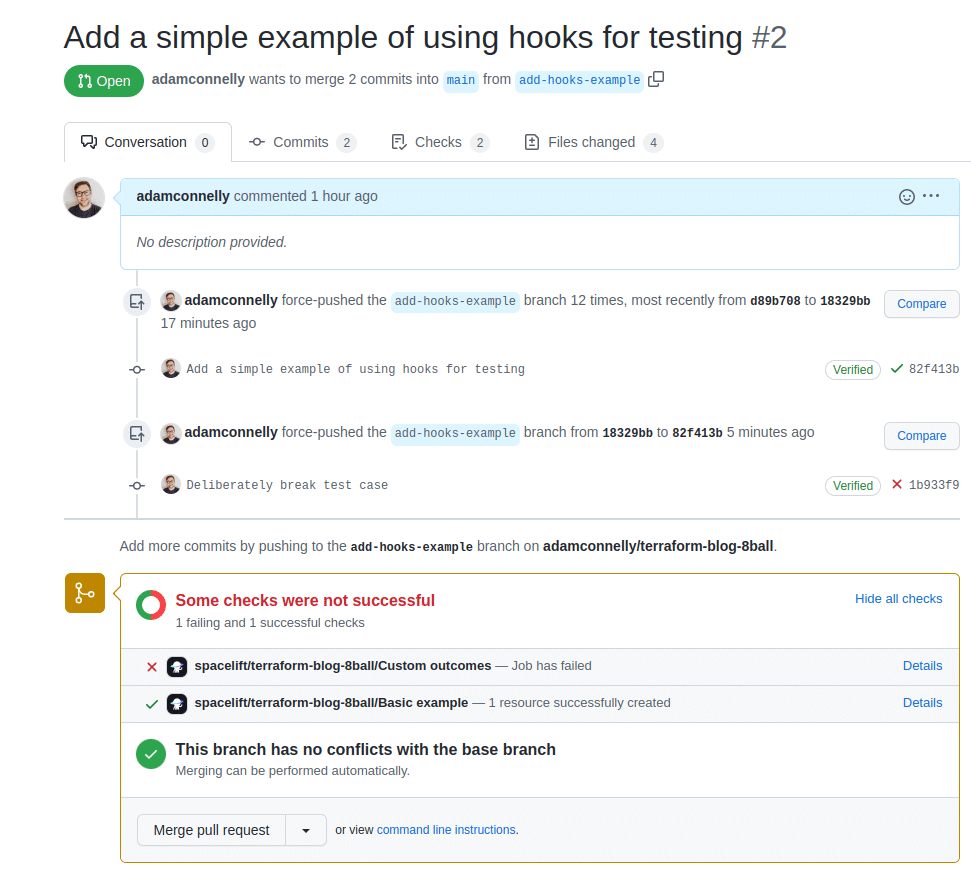 spacelift module registry add simple example of using hooks for testing